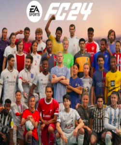 EA Sports FC 24 game cover available on EA App, featuring the latest football simulation by Electronic Arts.
