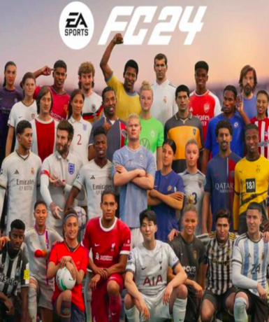 EA Sports FC 24 game cover available on EA App, featuring the latest football simulation by Electronic Arts.