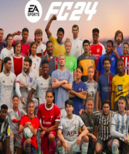 EA Sports FC 24 game cover for EA App platform, featuring football action