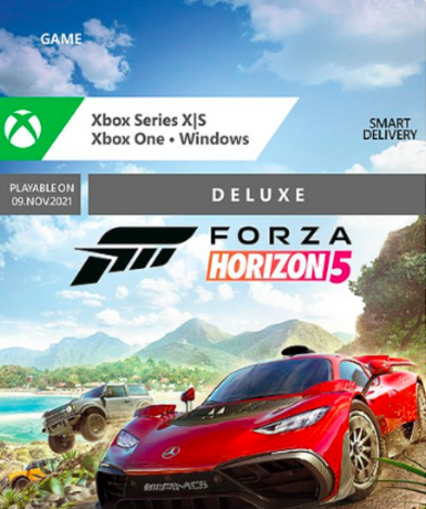 Forza Horizon 5 Deluxe Edition cover art for Xbox/PC, showcasing high-speed racing action.