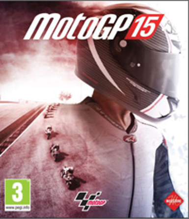 MotoGP 2015 game cover on Steam platform, showcasing high-speed motorcycle racing action.