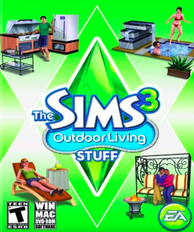 The Sims 3: Outdoor Living game cover for EA App, featuring outdoor furniture and items for your Sims.