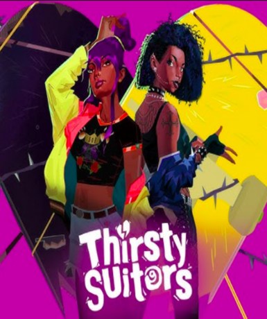 Thirsty Suitors game cover available on Steam platform, featuring vibrant artwork and characters.