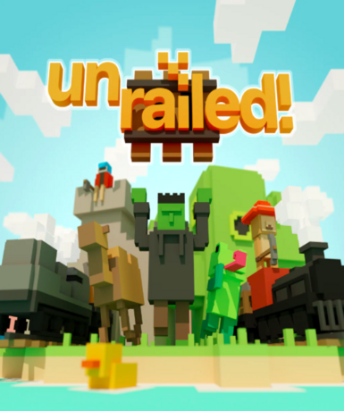 Unrailed! game cover available on Steam, a cooperative multiplayer game where you build a train track across endless landscapes.